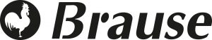 Logo mit dem Wort „Brause“ in fettem, schwarzem Text. Links davon befindet sich ein schwarzer Kreis mit einer nach links blickenden weißen Hahnsilhouette.