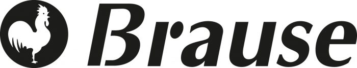 Logo mit dem Wort „Brause“ in fettem, schwarzem Text. Links davon befindet sich ein schwarzer Kreis mit einer nach links blickenden weißen Hahnsilhouette.