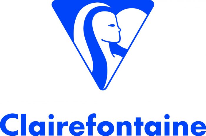 Blaues dreieckiges Clairefontaine-Logo mit einem stilisierten Profil eines menschlichen Gesichts und dem Namen „Clairefontaine“ in blauer Schrift darunter.