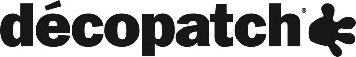 Das Bild zeigt das Logo von Décopatch mit dem Wort „décopatch“ in fetten, schwarzen Kleinbuchstaben. Auf der rechten Seite des Textes erscheint ein spritzerartiges Design. Das Logo hat einen einfachen und modernen Stil.