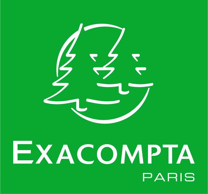 Grünes Exacompta-Logo mit einer abstrakten Zeichnung von zwei Bäumen und dem Text „Exacompta Paris“ darunter in Weiß.