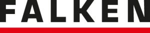 Schwarzes Falken-Logo mir rotem dickem Strich unter dem Namen.