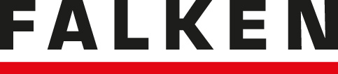 Schwarzes Falken-Logo mir rotem dickem Strich unter dem Namen.