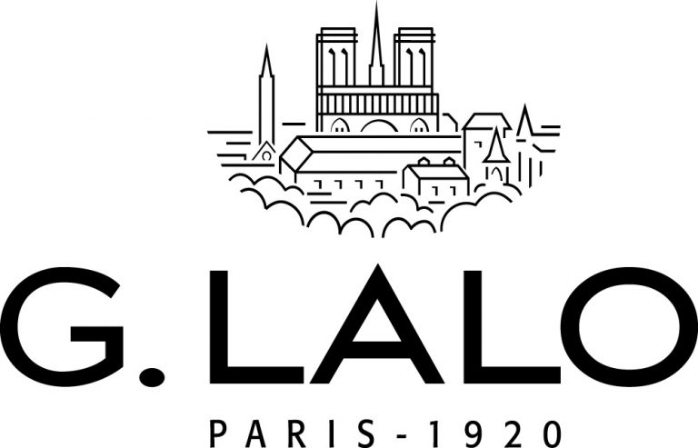 Schwarz-weißes Logo für G. Lalo mit einer stilisierten Strichzeichnung von Pariser Wahrzeichen über dem Text „G. Lalo Paris – 1920“.