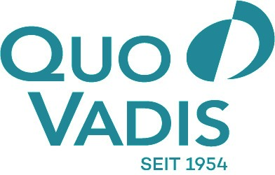 Logo mit den Worten „Quo Vadis“ in Blaugrün und darunter „SEIT 1954“. Rechts neben dem Text erscheint eine stilisierte Kreisform mit zwei überlappenden Teilen.