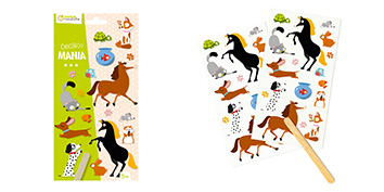 Abgebildet sind zwei Bögen mit temporären Kindertattoos mit Tiermotiven von My Mandarine. Die Motive umfassen ein Pferd, einen Hund, ein Kaninchen und andere Tiere in verschiedenen verspielten Posen. Ein Holzstäbchen zum Auftragen ist im Lieferumfang enthalten und die Verpackung ist links teilweise sichtbar.