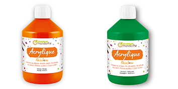 Zwei Flaschen Acrylfarbe mit bunten Etiketten von My Mandarine. Die linke Flasche ist orange und die rechte grün. Beide tragen die Aufschrift „Acrylique“ und haben einen weißen Deckel mit bunter Verzierung auf den Etiketten.