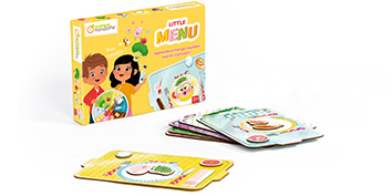Gezeigt wird ein pädagogisches Brettspiel von My Mandarine für Kinder mit dem Titel „Little Menu“. Auf der Schachtel sind ein Junge und ein Mädchen mit bunten Lebensmittelgrafiken abgebildet. Vor der Schachtel sind mehrere Karten ausgebreitet, auf denen jeweils verschiedene Lebensmittel abgebildet sind.