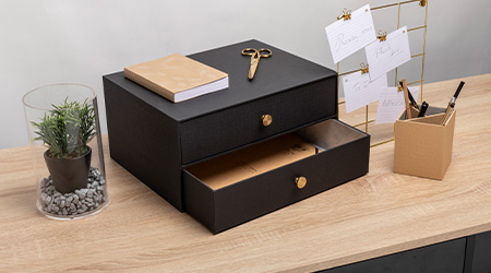 Schwarze Schubladenbox mit 2 Laden und brauner Stifteköcher aus Karton von Exacompta auf hellbrauner Kommode. Ebenso eine kleine Pflanze.