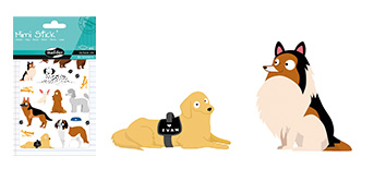 Ein kleiner Bogen mit Tieraufklebern neben zwei Comic-Hunden auf weißem Hintergrund. Der erste Hund ist ein heller Retriever mit einem Geschirr mit der Aufschrift „EVAN“, und der zweite ist ein flauschiger Collie, der aufmerksam sitzt.