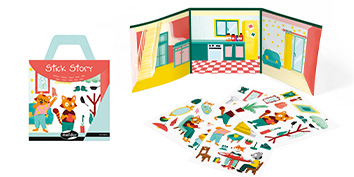 Ein Sticker-Kreativset für Kinder mit Figuren und Szenen aus Märchenbüchern. Enthält eine faltbare Spielszene einer Küche und eines Wohnzimmers sowie Blätter mit verschiedenen bunten Aufklebern von Möbeln, Tieren und Haushaltsgegenständen.