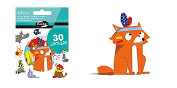 Verpackung mit 30 bunten Tieraufklebern mit einer Vorschau eines illustrierten Fuchses. Der Fuchs trägt ein Stirnband mit einer blau-roten Feder und hat ein orangefarbenes Fell, sitzt aufrecht und schaut zur Seite.