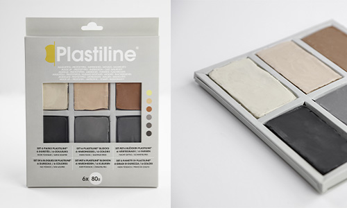 Verpackung und Inhalt eines Modelliersets der Marke Plastiline. Die Verpackung enthält sechs erdige und neutrale Farben, darunter Grau, Weiß und Braun. Das Set ist für den künstlerischen Gebrauch gekennzeichnet und zeigt einzelne Knetstücke in einer Schale.