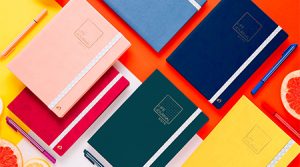 Gruppenbild mit liegenden Notizbüchern Life Journal von Quo Vadis. In rosa, grün, rot, blau und gelb. Der Betrachter sieht diese von oben.