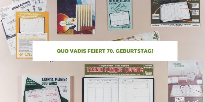 Titelbild einer Pressemitteilung zum 70. Jubiläum von Quo Vadis. Mit Plakaten und Kalendern der vergangenen Jahre.