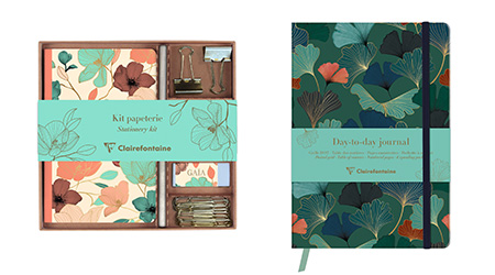 Schreibwarenset und Day-to-day Journal der Kollektion Gingko von Clairefontaine. Gingko-Motive in grün und rosa.