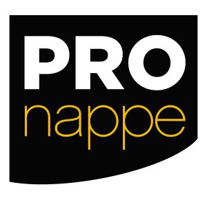 Schwarzes quadratisches Logo mit Text Pronappe. Die untere rechte Ecke des Quadrats ist abgerundet.