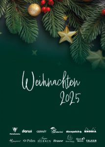 Cover des Weihnachtskatalogs von Exaclair. Grün mit Tannenzapfen.