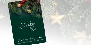 Eine grüne und weiße Karte mit goldenen Sternen und Tannenzweigen.