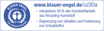 Blaues rechteckiges Etikett mit dem Logo des Blauen Engels und einer stilisierten menschlichen Figur, umgeben von Lorbeerbäumen. Der Text enthält „www.blauer-engel.de/uz30a“, „Mindestens 80 % Recycling-Kunststoff“ und „Begrenzung von Schadstoffen“.