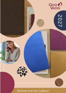 Cover Quo Vadis Katalog 2027 mit kreisförmigen Designelementen. Pastellrosa Design.