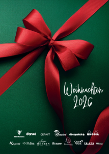 Cover des Weihnachtskatalogs von Exaclair. Grün mit roter Schleife.