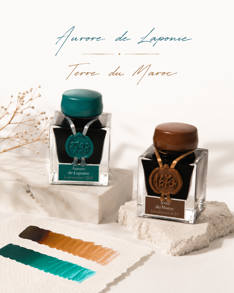 2 Tintenflakons Aurore de Laponie (grün) und Terre du Maroc (Ocker) von Jacques Herbin.